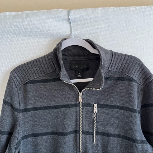 INC International Concepts Full Zip Gray With Black Stripes Sweater Size Large - Picture 3 of 11